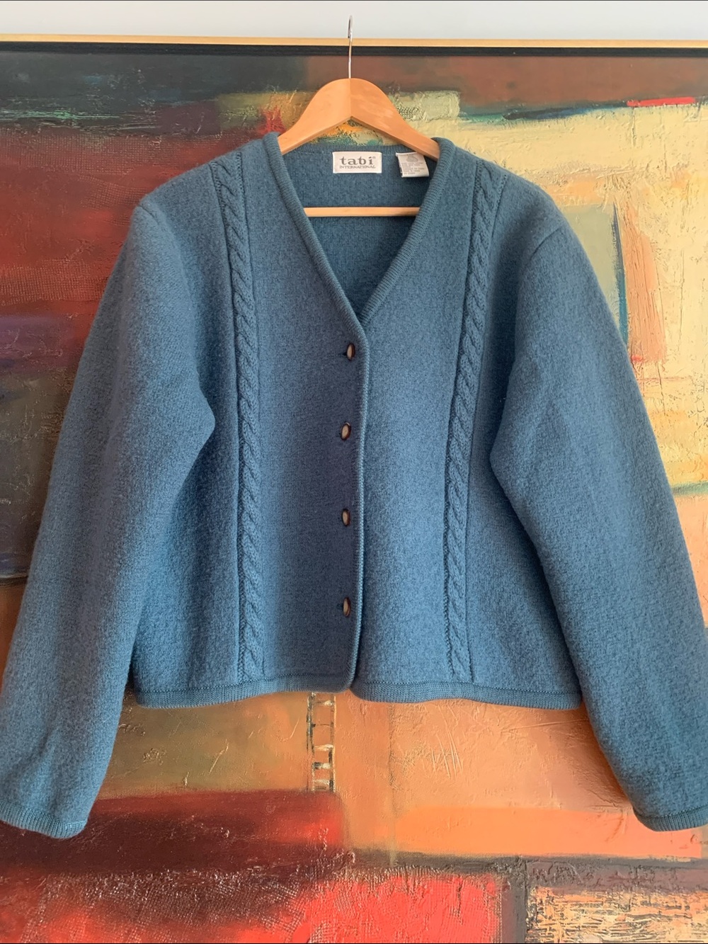 Vintage Tabi Teal Blue 100% Pure New Wool Cable Knit Button Down Cardigan, Sz L